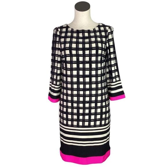 Eliza J Shift Dress Womens 8 Black Ivory Pink Trim Geometric 3/4 Sleeve Stretch - Picture 1 of 9